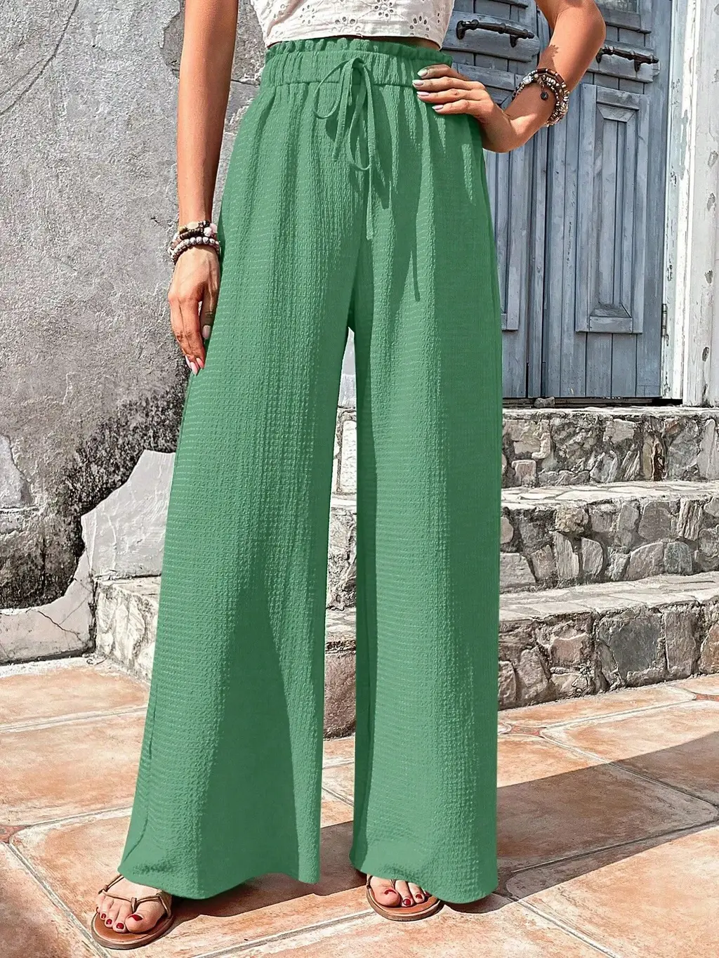 Fashionable All-match Bubble Plaid Casual Wide-leg Pants - Bean Green