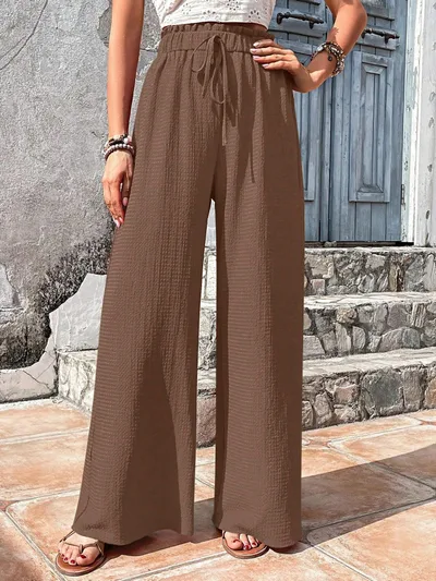 Fashionable All match Bubble Plaid Casual Wide leg Pants Brown - Shop at LoveMi