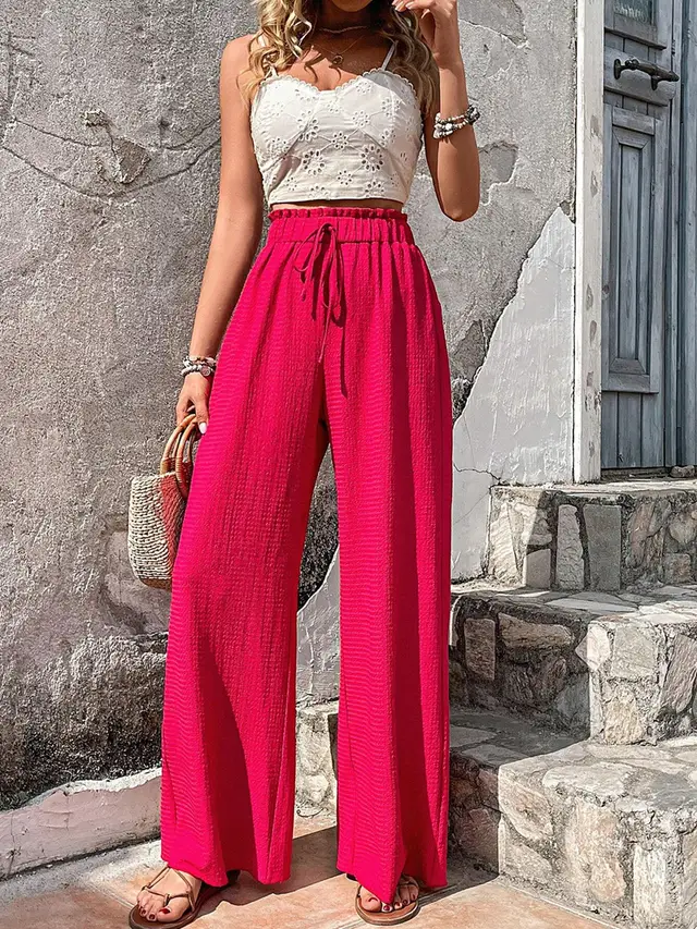 Fashionable All match Bubble Plaid Casual Wide leg Pants Red - Shop at LoveMi