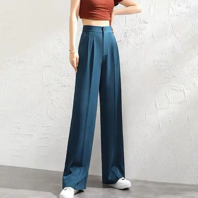 Women's Wide Leg High Waist Drooping Loose Slimming And Straight Casual Mopping Chiffon Suit Pants Dark Blue - Shop at LoveMi