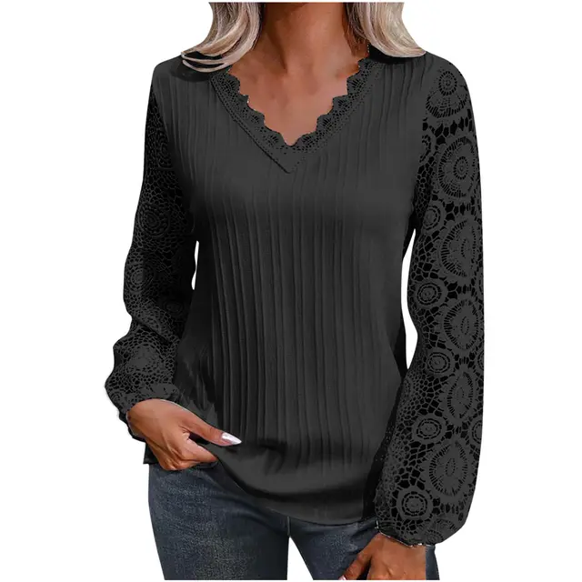 V neck Casual Loose Women's Lace Bottoming Shirt Long Sleeve Black - Shop at LoveMi