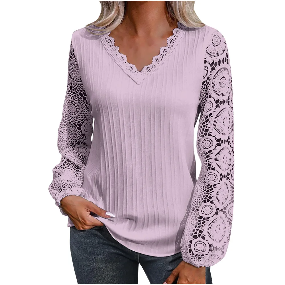 V neck Casual Loose Women's Lace Bottoming Shirt Long Sleeve Light Purple - Shop at LoveMi