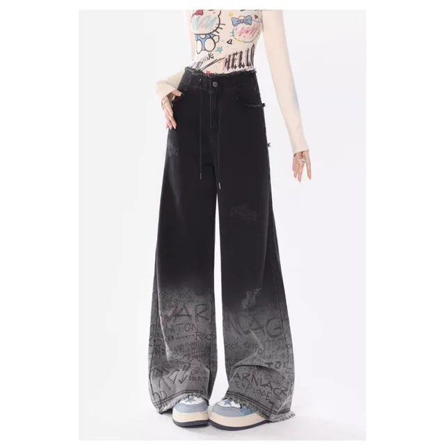 Graffiti Raw Hem High Waist Loose Straight Casual Wide leg Trousers Black - Shop at LoveMi