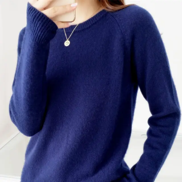 Women's Fashionable Simple Solid Color Round Neck Sweater Dark Blue - Shop at LoveMi