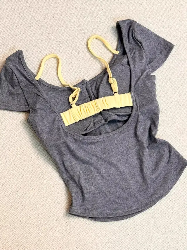 Pure Desire Floral Square Collar Shoulder Short sleeved T shirt Women's Summer With Chest Pad Dark Gray With Chest Pad - Shop at LoveMi