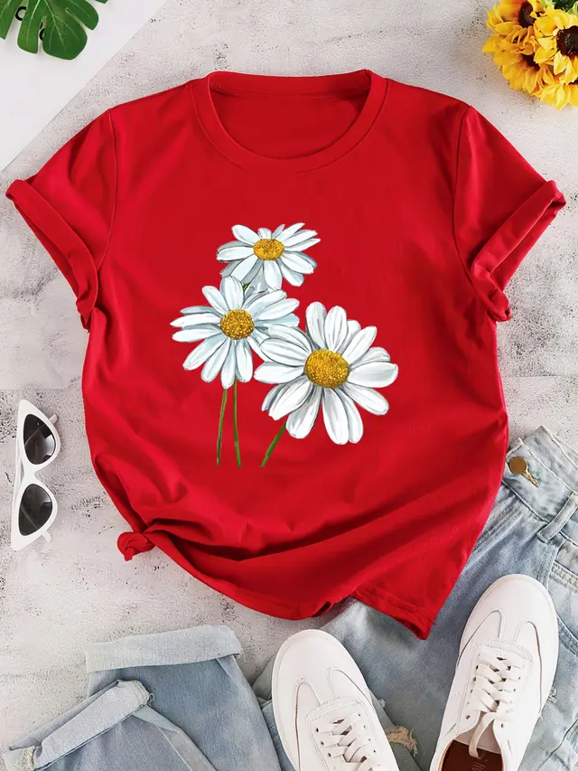 Cartoon Print T Shirt, Summer Short Sleeve Casual Top Red - Shop at LoveMi
