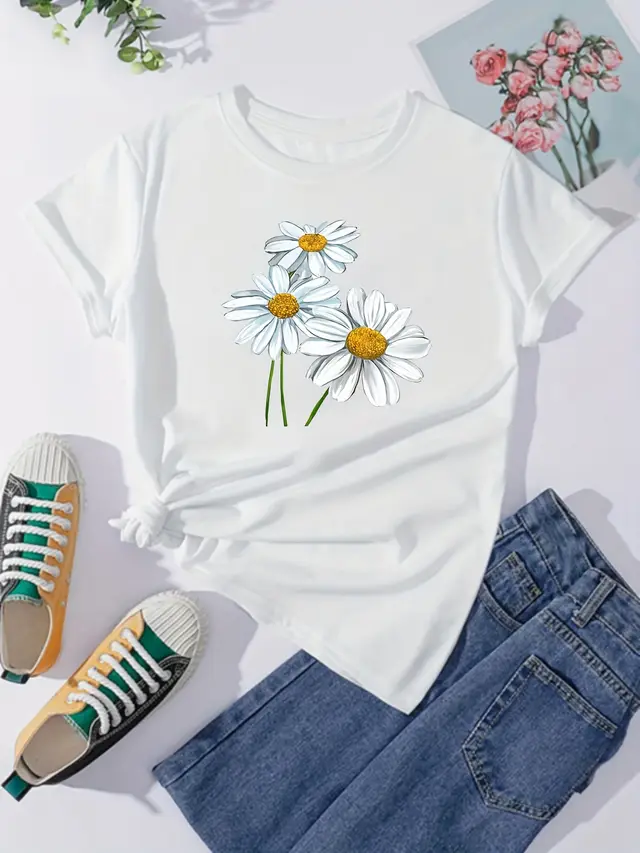 Cartoon Print T Shirt, Summer Short Sleeve Casual Top White - Shop at LoveMi