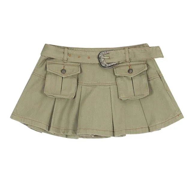 Women's Retro Multi pocket Workwear Denim Skirt Green - Shop at LoveMi