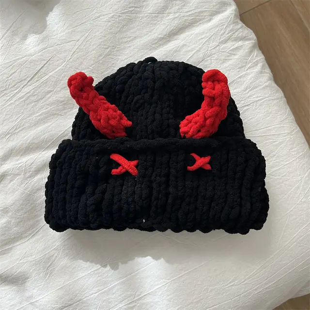 Wool Hat Cute Little Devil Mask Horn Hood Thickened Warm Knitted Hat Sweet Cool Style Autumn And Winter Red - Shop at LoveMi