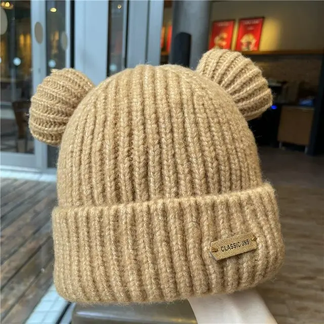 Autumn And Winter Bear Ears Wool Warm Hat Khaki - Shop at LoveMi