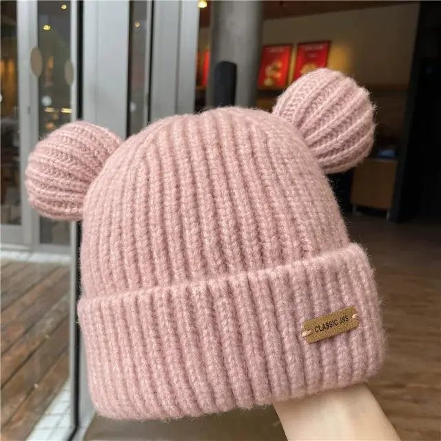 Autumn And Winter Bear Ears Wool Warm Hat Pink - Shop at LoveMi