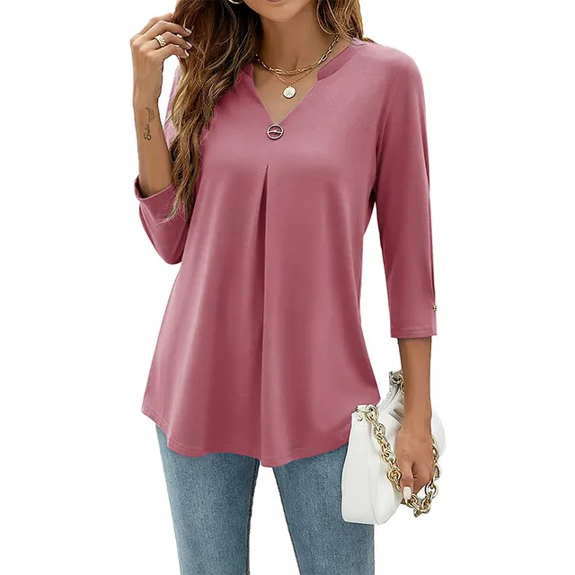 Women's V neck Clinch Pleated T shirt Top Pink - Shop at LoveMi