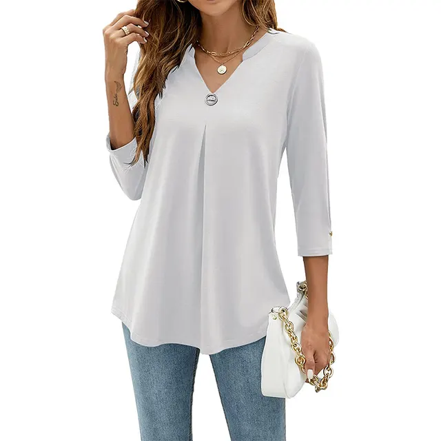 Women's V neck Clinch Pleated T shirt Top White - Shop at LoveMi