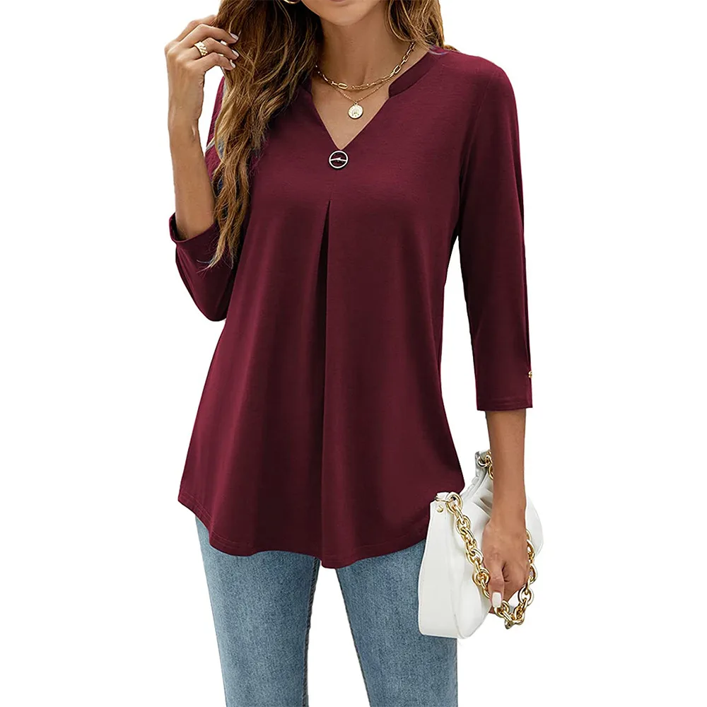 Women's V neck Clinch Pleated T shirt Top Wine - Shop at LoveMi