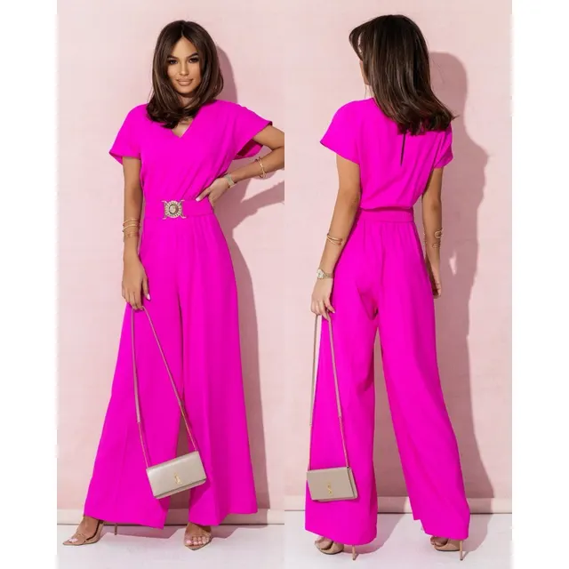 Solid Color And V neck Waist Trimming Short sleeved Casual Trousers Jumpsuit Rose Red - Shop at LoveMi
