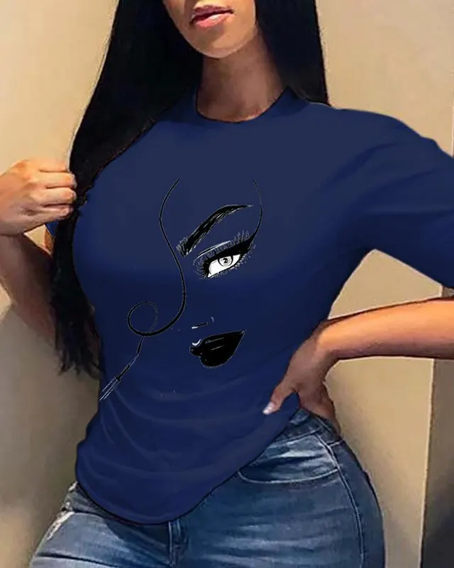 Women's Printed Round Neck Loose T shirt Navy Blue - Shop at LoveMi