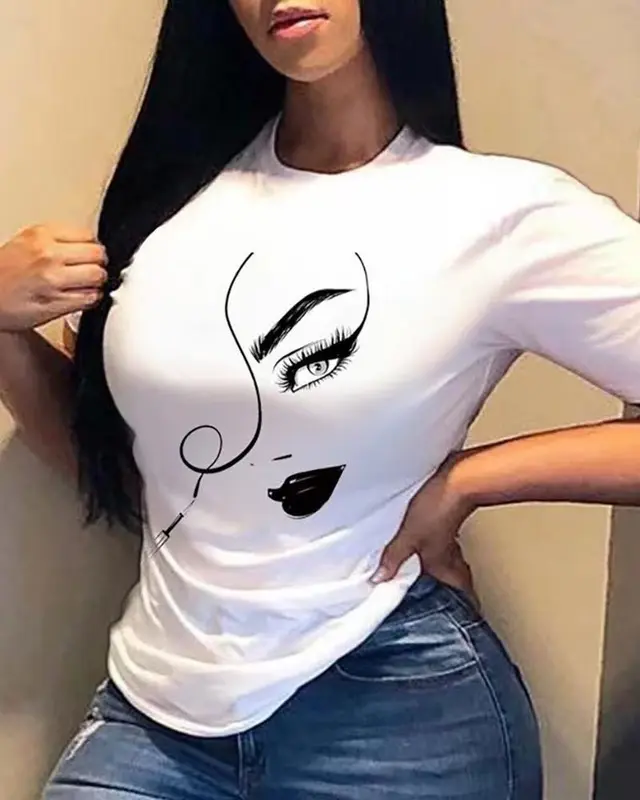 Women's Printed Round Neck Loose T shirt White - Shop at LoveMi