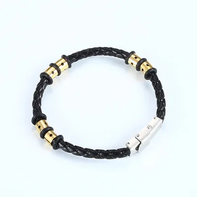 Stainless Steel Woven Leather String Couple Bracelet Golden Small Round Hole - Shop at LoveMi