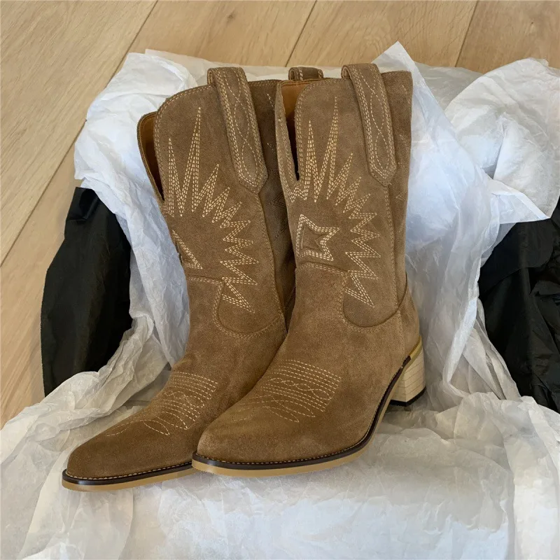 V-shaped Mid-calf Pointed Slip-on Suede Fashion Boots - Khaki