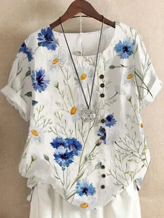 Retro Cotton And Linen Printed Loose Casual Shirt Short-sleeved T-shirt For Women - Flower 3