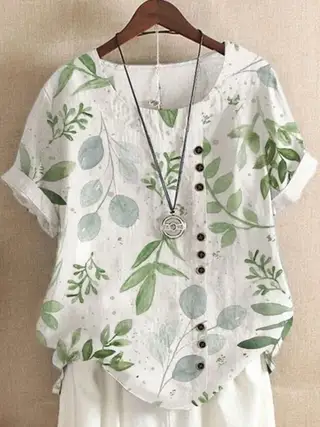 Retro Cotton And Linen Printed Loose Casual Shirt Short-sleeved T-shirt For Women - Flower 4