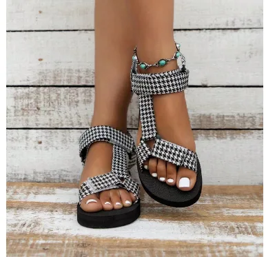 New Thin Bottom National Style Velcro Beach Sandals Houndstooth 41 - Shop at LoveMi