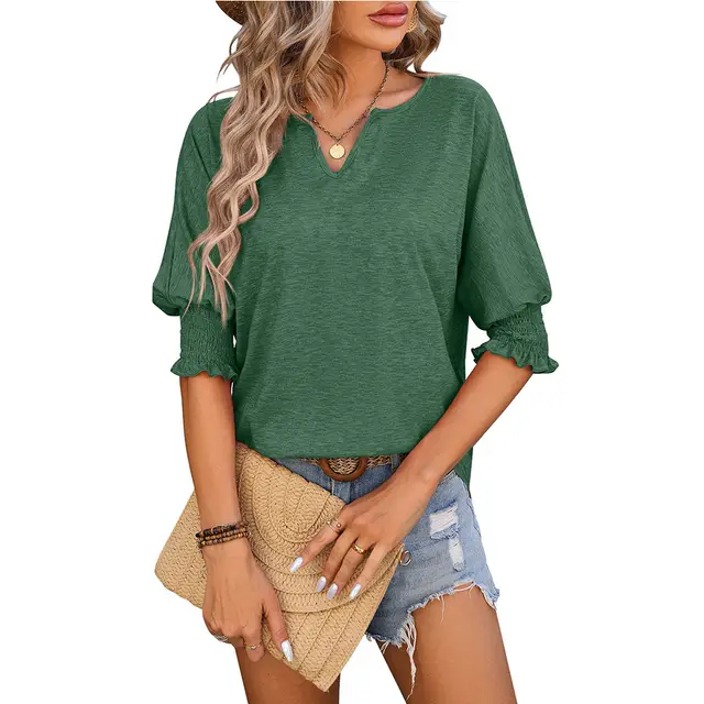 Loose V neck Batwing Sleeve Smocking Colored Cotton T Green - Shop at LoveMi