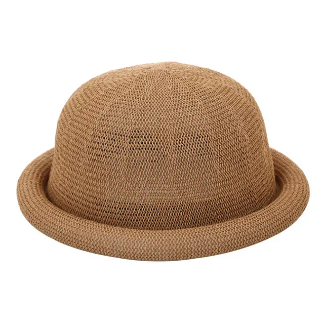 Women's Straw Yarn Curled Brim Round Crown Top Hat Leisure Basin Hat Light Brown - Shop at LoveMi