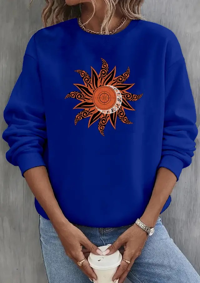 Loose Sun Series Fashion Print Round Neck Sweater Blue - Shop at LoveMi