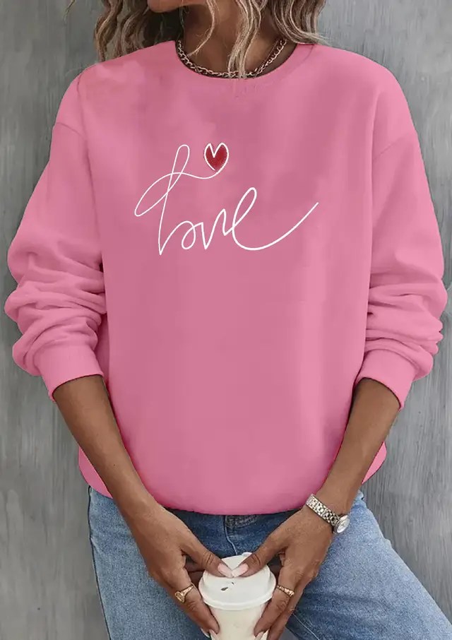 Loose Sun Series Fashion Print Round Neck Sweater Pink - Shop at LoveMi