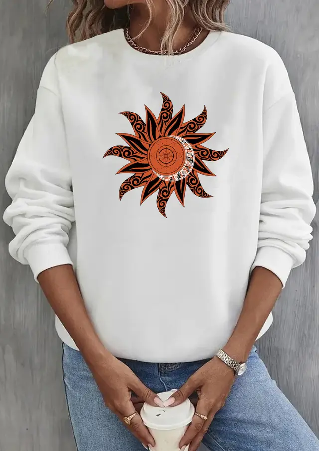 Loose Sun Series Fashion Print Round Neck Sweater White - Shop at LoveMi