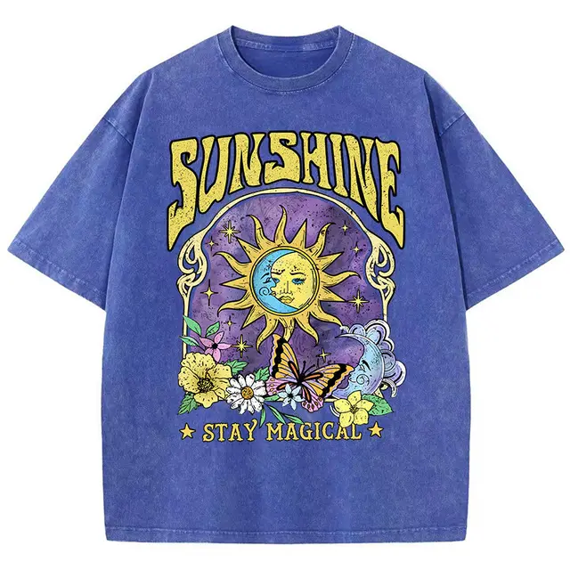 Sunshine Humor Sun Moon Flower Butterfly Casual T shirt Blue - Shop at LoveMi
