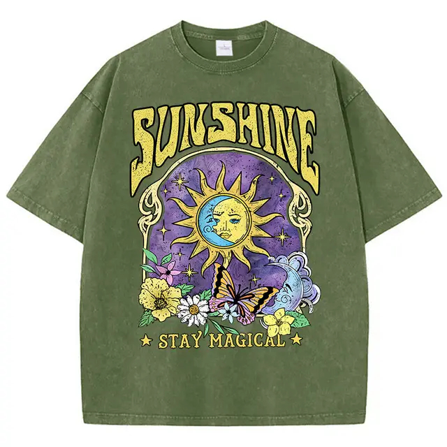 Sunshine Humor Sun Moon Flower Butterfly Casual T shirt Dark Green - Shop at LoveMi