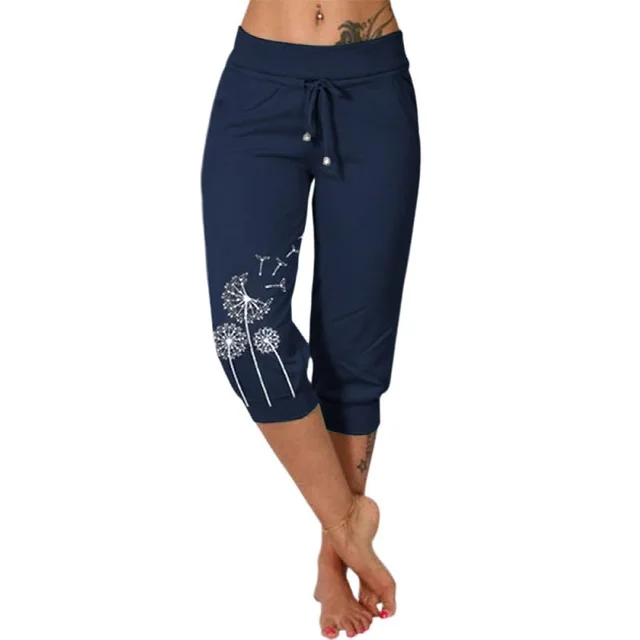 Casual Fashion Printing Loose High Waist Lace up Cropped Pants Dark Blue - Shop at LoveMi
