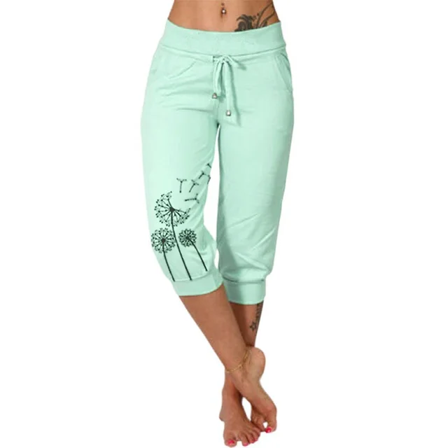Casual Fashion Printing Loose High Waist Lace up Cropped Pants Light Green - Shop at LoveMi
