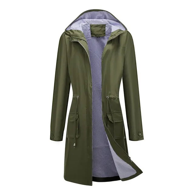 Long Casual Windbreaker Women's Waterproof Hooded Solid Color Top Striped Lining Straight Coat Army Green - Shop at LoveMi