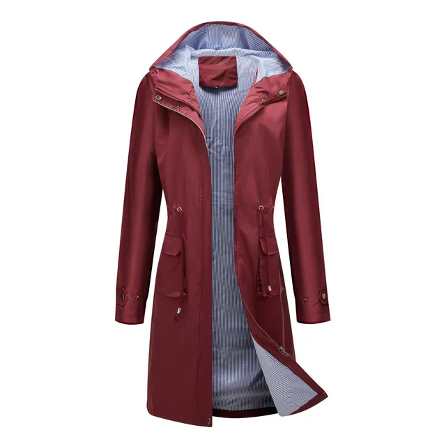 Long Casual Windbreaker Women's Waterproof Hooded Solid Color Top Striped Lining Straight Coat Wine Red - Shop at LoveMi
