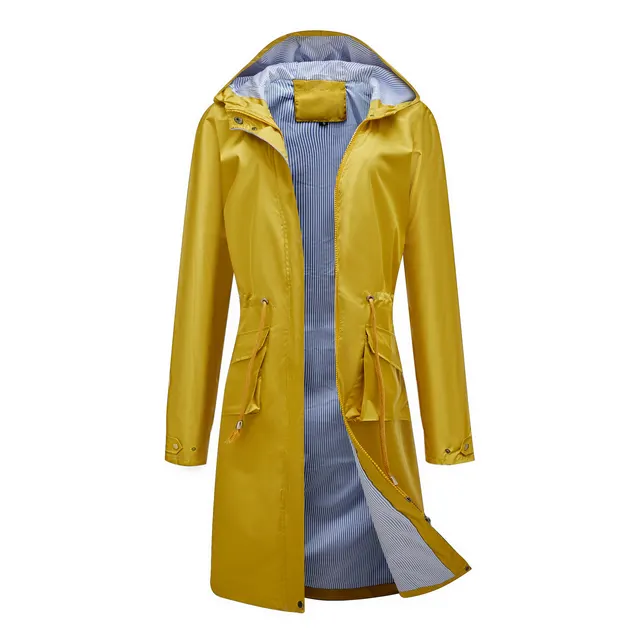 Long Casual Windbreaker Women's Waterproof Hooded Solid Color Top Striped Lining Straight Coat Yellow - Shop at LoveMi