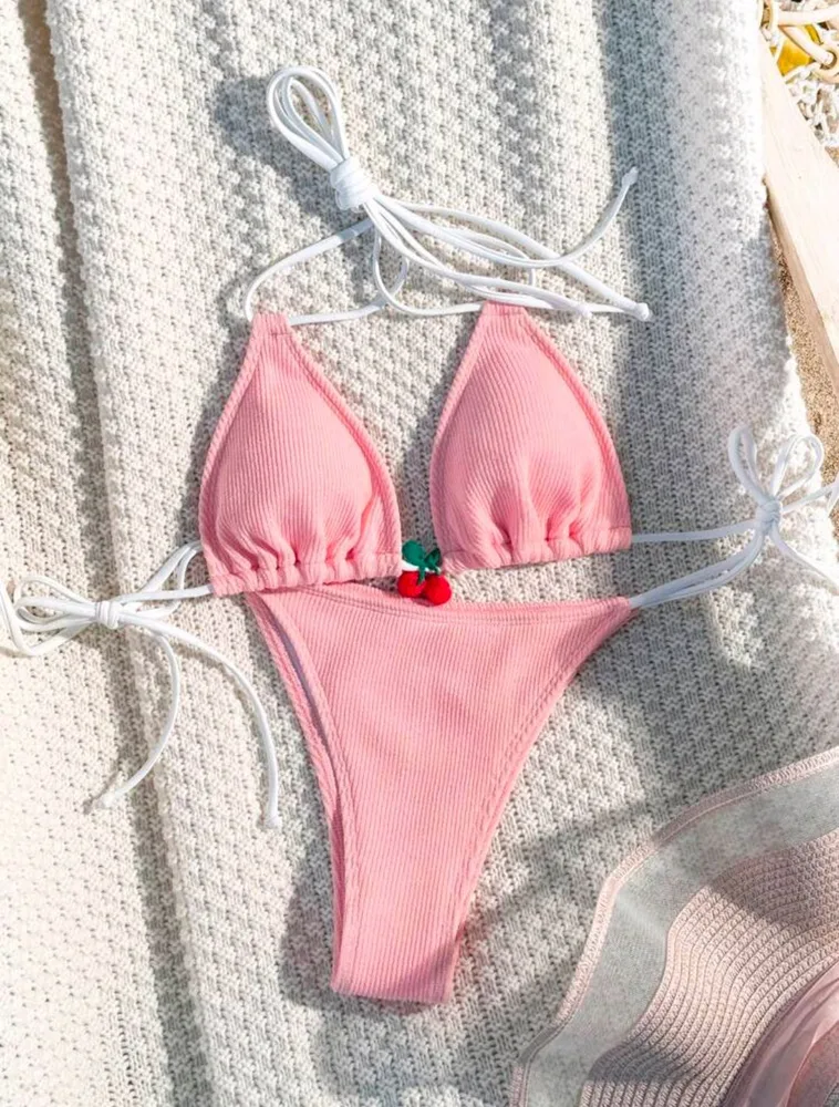 Cross border Sexy Wind Beach Holiday Hot Spring Bikini Swimsuit Pink - Shop at LoveMi