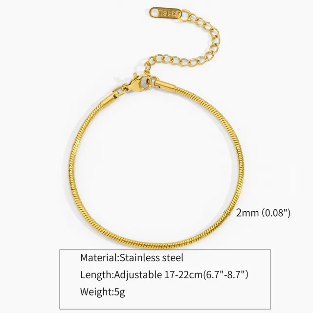 Simple Ins Titanium Steel Plated 18K Gold Round Snake Bones Chain Gold plated Bracelet Adjustable Bracelet Niche Design Fashion Gold 2Mm - Shop at LoveMi