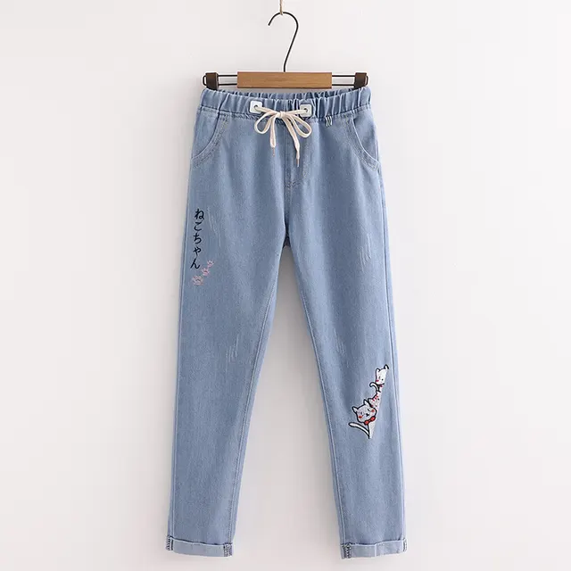 Fashion Embroidered Cat Denim Trousers For Women Light Blue - Shop at LoveMi