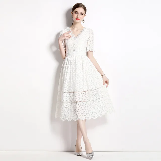 Super Slim fit Short sleeved V neck Mid length Elegant Fashion White - Shop at LoveMi