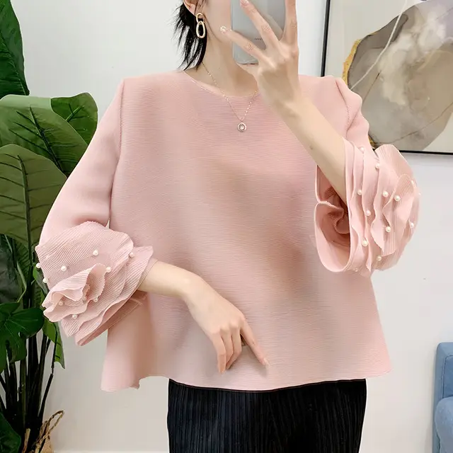 Women's Pleated Bell Sleeve Top Beaded Round Neck Pink - Shop at LoveMi