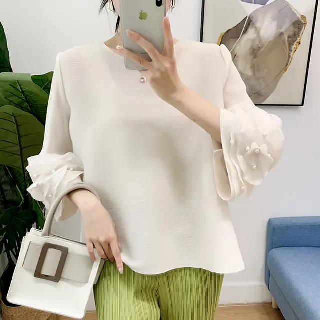 Women's Pleated Bell Sleeve Top Beaded Round Neck White - Shop at LoveMi