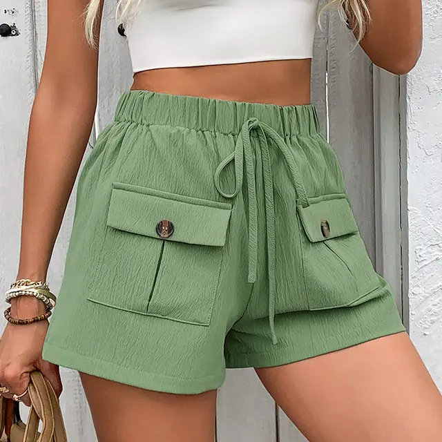 Women's Double Pocket Casual Elastic Waist Lace up Shorts Green - Shop at LoveMi