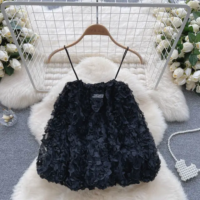 Three dimensional Jacquard Flower Short Camisole Black - Shop at LoveMi
