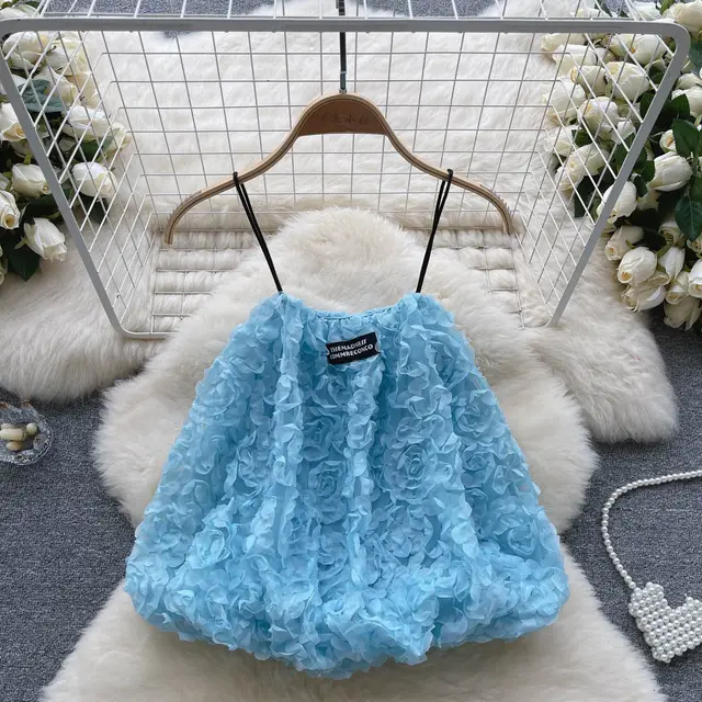 Three dimensional Jacquard Flower Short Camisole Sky Blue - Shop at LoveMi