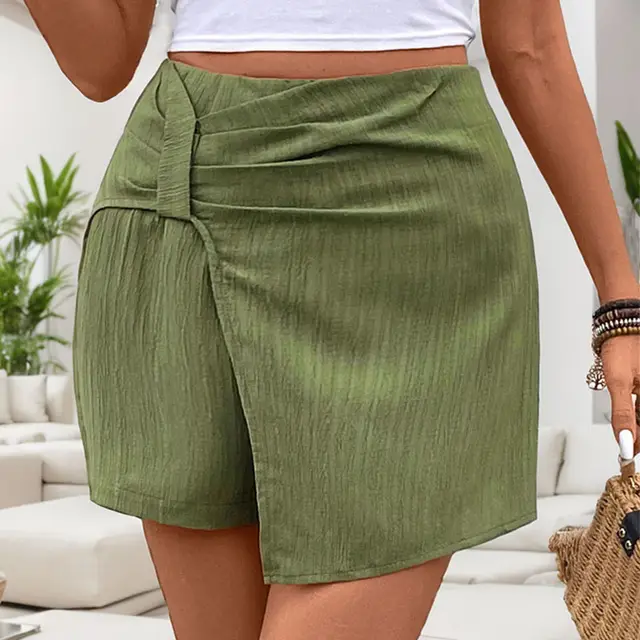 Women's Casual Texture Design Solid Color Culottes Green - Shop at LoveMi