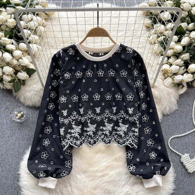 Hollow out Slim fit Short Age reducing Puff Sleeve Top Black - Shop at LoveMi