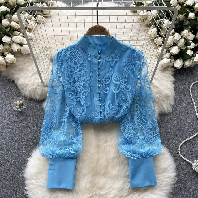 French Vintage Style Sense Of Puff Sleeve Shirt Blue - Shop at LoveMi